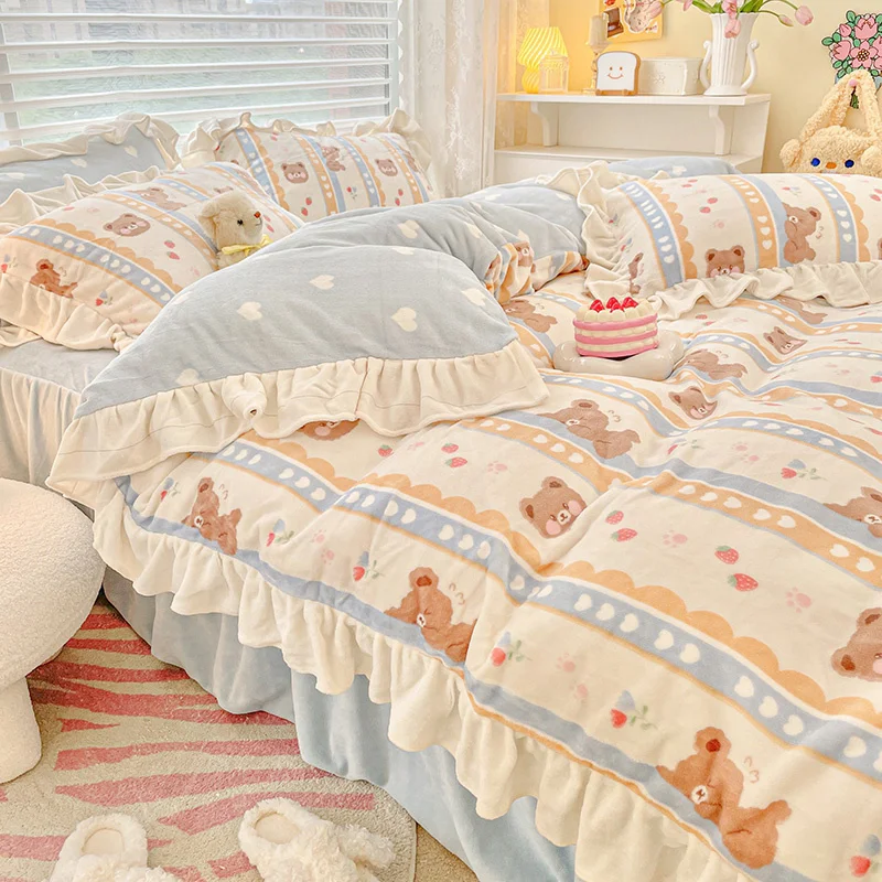 

Princess Style Thickened Milk Fiber Four-Piece Set Winter Fleece-Lined Warm Double-Sided Flannel Coral Fleece Duvet Cover