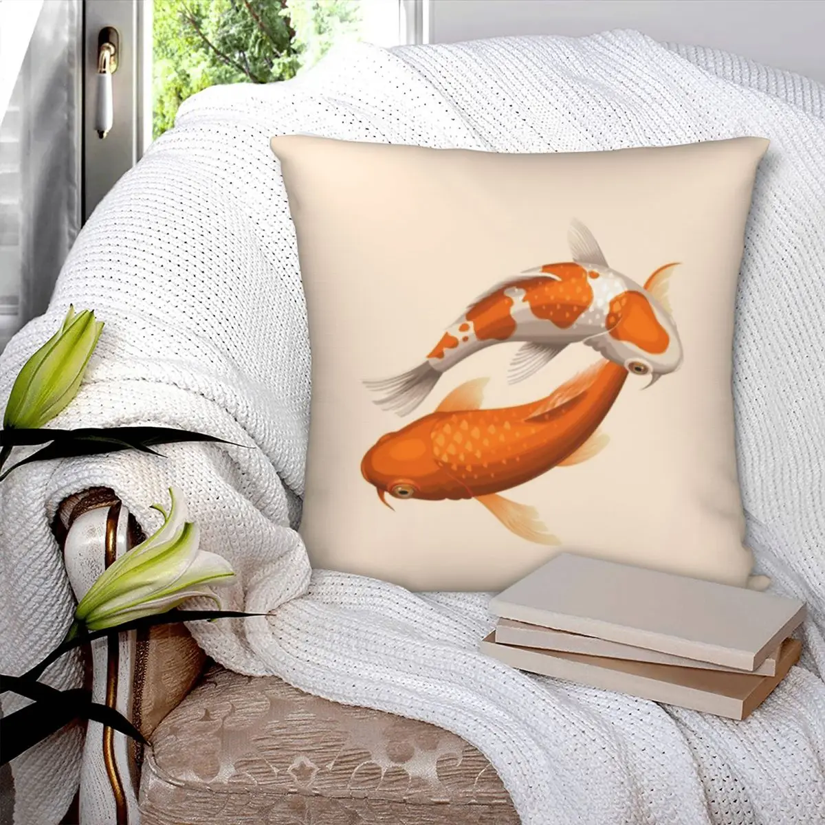 Оранжево-Белая Квадратная наволочка в виде рыбок кои из полиэстера бархатная