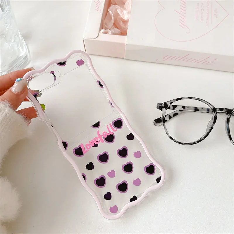Чехол-браслет Ins Love Heart для телефона Samsung Galaxy Z Flip 6 3 4 5 Wave прозрачный противоударный