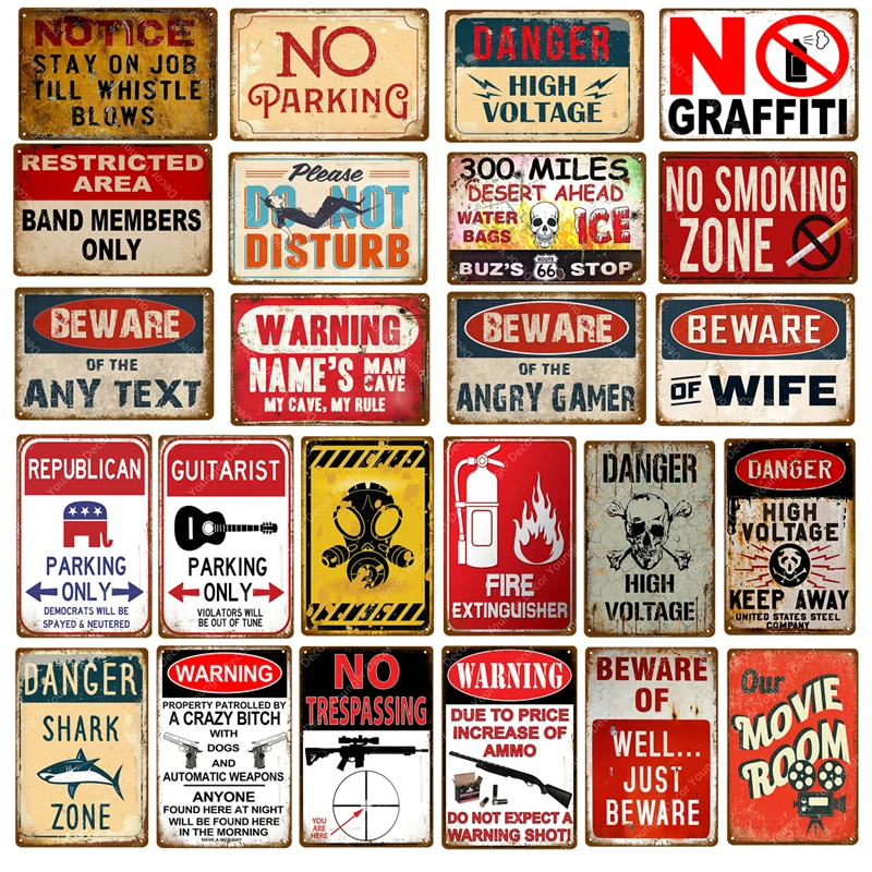 

Warning Signs Danger Shark Zone High Voltage Vintage Metal Poster Beware Of Wife No Parking Plaque Wall Decor YJ068