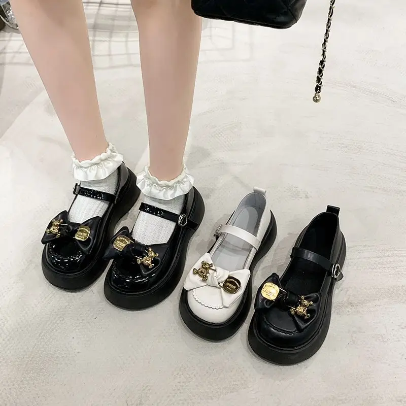 SHANPA Sweet Cool Mary Jane Leather Shoes Japanese Style for Women Thin Bow Shoes with Thick Soles In Spring and Summer 2023