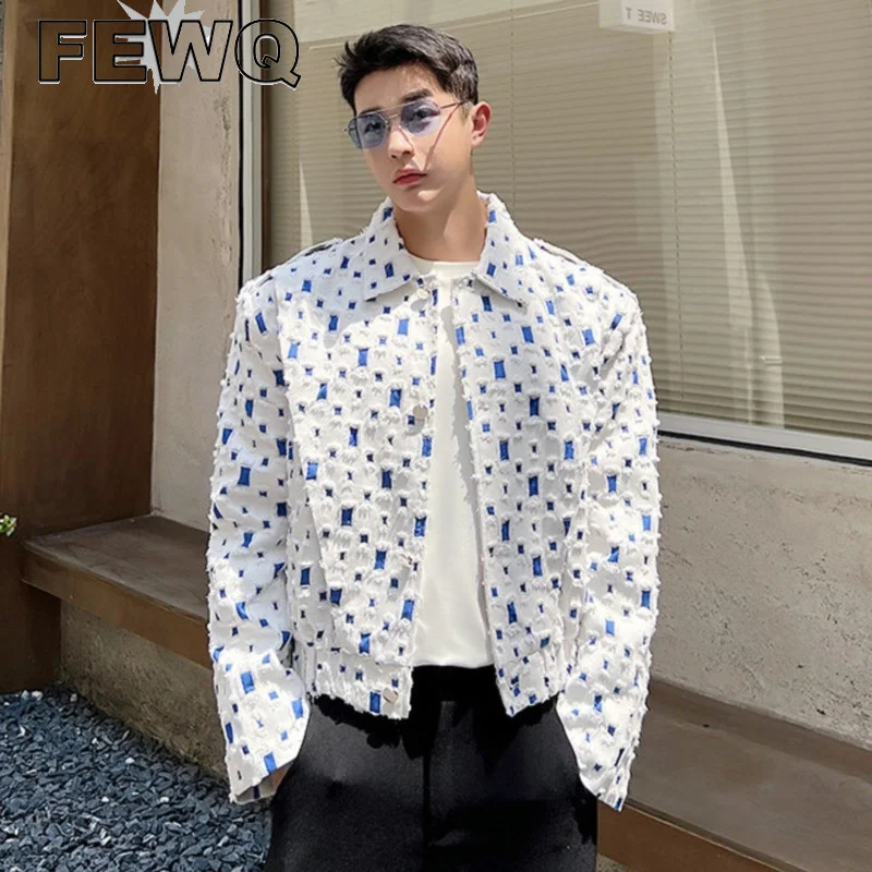 

FEWQ Light Luxury Hole Design Men's Fashion Coat 2023 Long Sleeve Autumn Winter Casual Korean Loose Contrast Male Jacket 9A5378