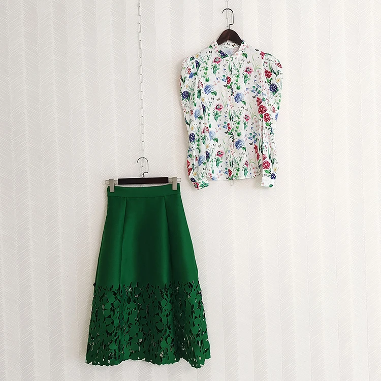 

Butterfly Flower Print Women Dress 2 Pcs/sET Lantern Sleeves Vintage Slim Fit Lady Hollow Out Long Dresses Clothes