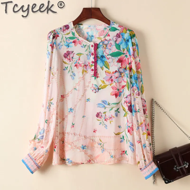 

Tcyeek 100% Mulberry Silk Print Blouse 2023 Spring Summer Women's Long Sleeve Top Woman Clothes Real Silk Shirt Blusas Femininas