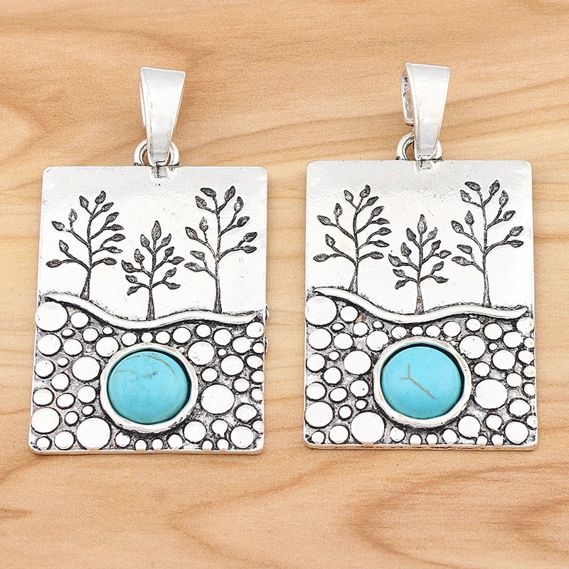 Подвеска из тибетского серебра с искусственным камнем и прямоугольным деревом, 67 х35 мм, 2 шт.
