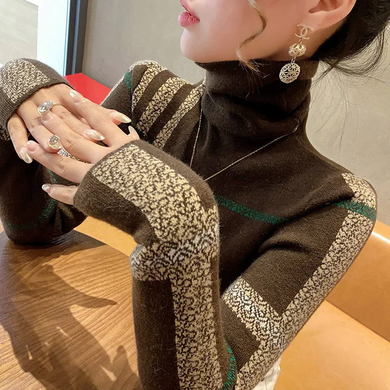 Odzież damska Casual sweter na wszystkie mecze nowa wiosenna dzianina z golfem modny wąski długim rękawem damski top dzianiny Y2K