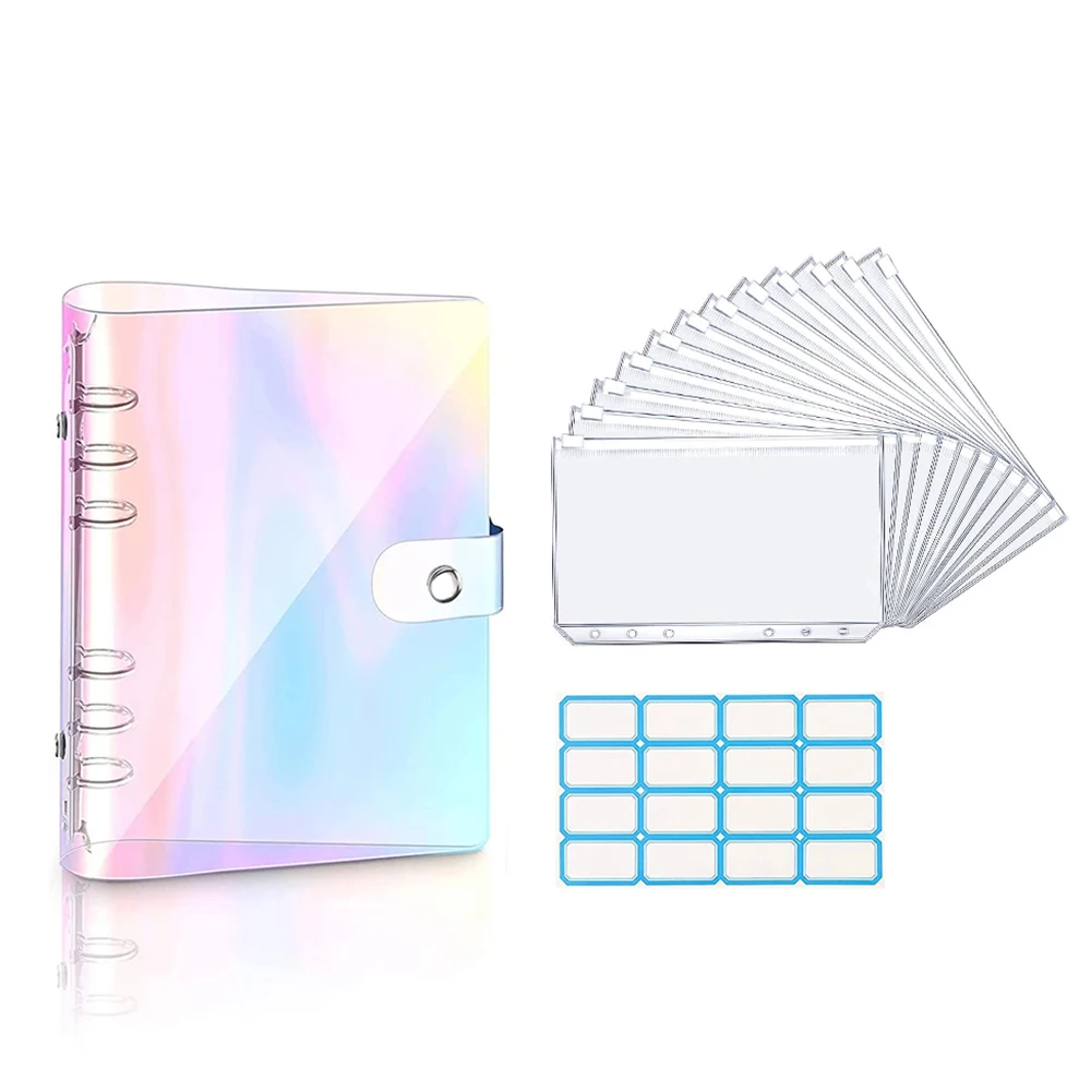 

12Pcs A6 Clear 6-Ring Soft PVC Notebook Binder Cover Planner Loose-Leaf Folder Cash Budget Envelope System with Zipper Pockets