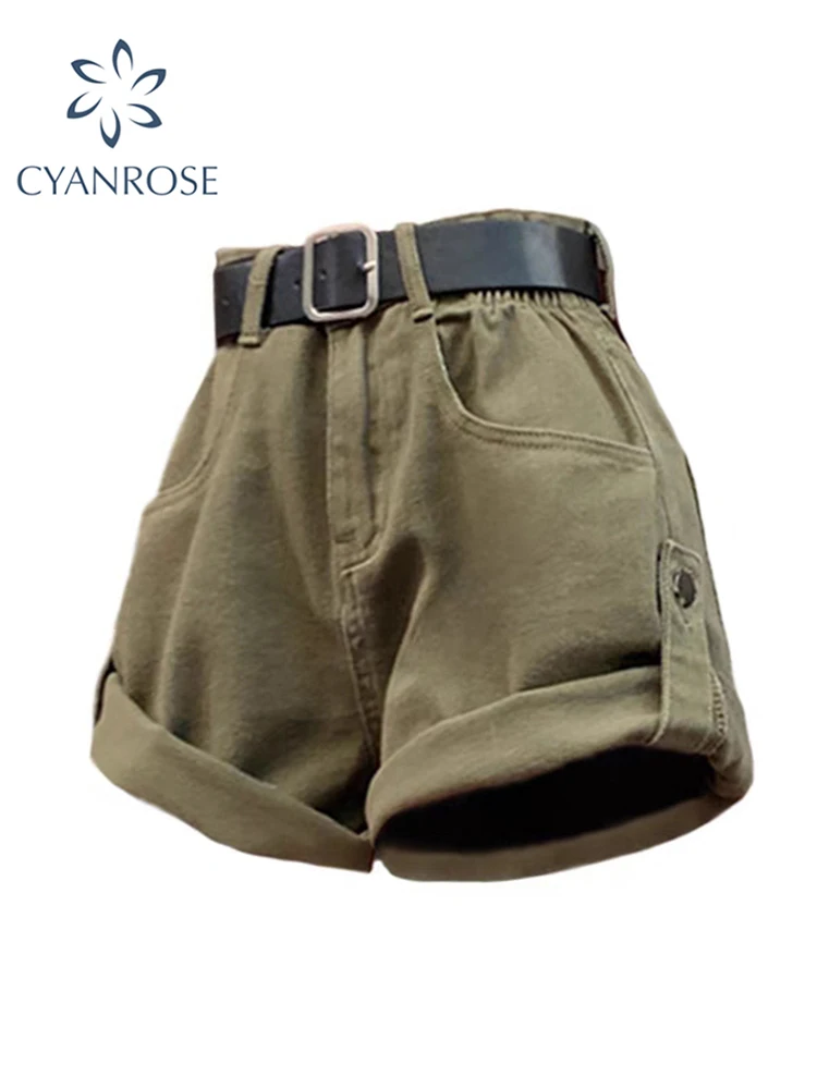 Summer 2023 Women's Army Green Jeans Shorts Vintage Casual Harajuku High Waist Denim Pants Female Y2K Baggy A Line Wide Leg Shor