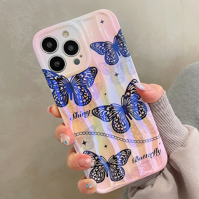 

Laser Butterfly Phone Case For iPhone 13 11 12 14 Pro Max 14 Plus Soft IMD Wave Line Back Cover Capa