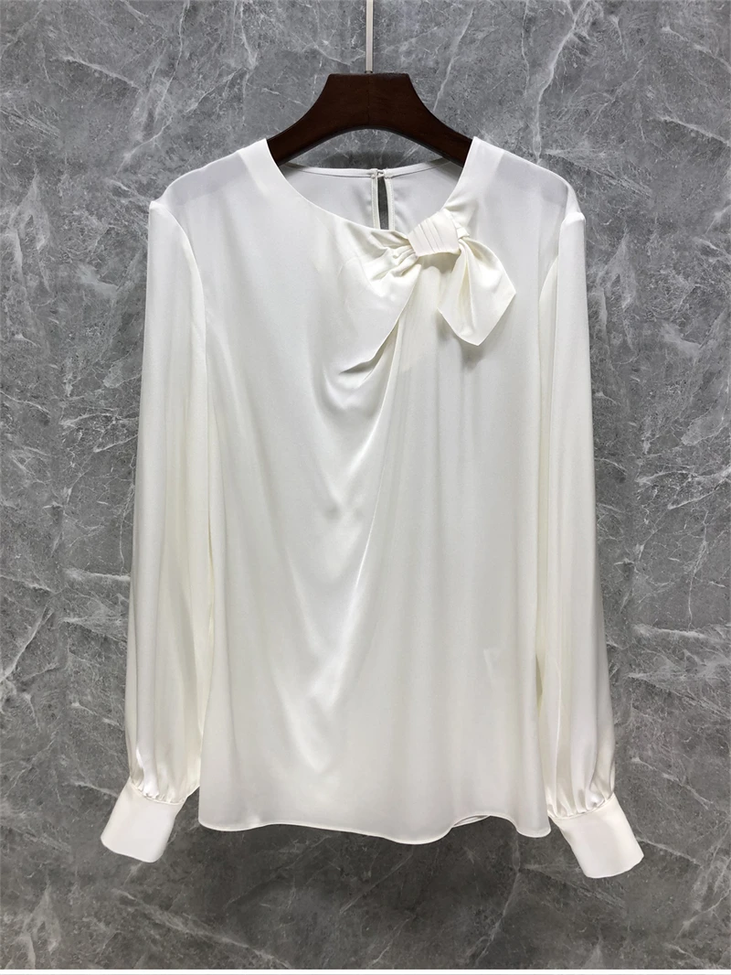 New Arrival Silk Shirts 2023 Spring Summer Blouses Women Bow Deco Long Sleeve Elegant White Black Green Pure Silk Tops Blusas