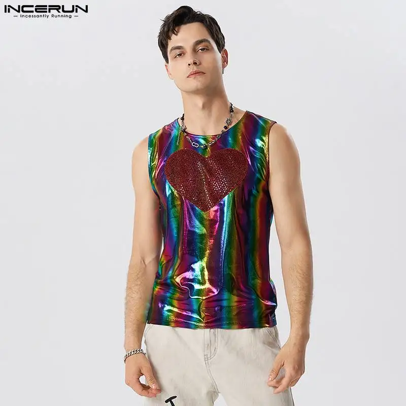 

2023 Men Tank Tops Patchwork Sparkling O-neck Sleeveless Vests Shiny Party Streetwear Summer Fashion Men Clothing S-5XL INCERUN