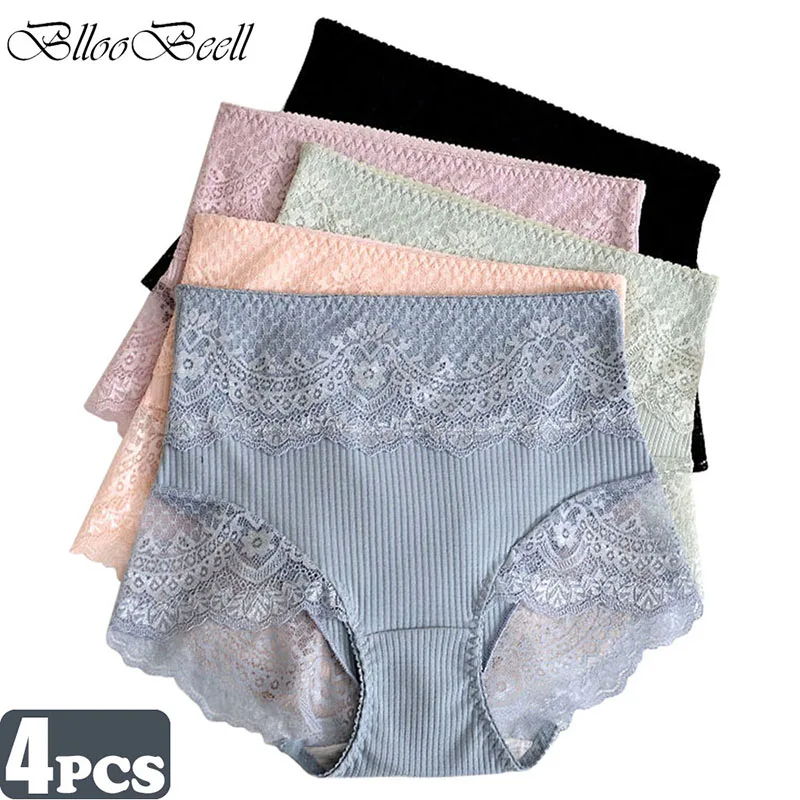 4pcs High-Rise Women's Cotton Panties Sexy Lace Underwear Seamless Tummy Briefs Solid Color Ladies Antibacterial Triangle Shorts