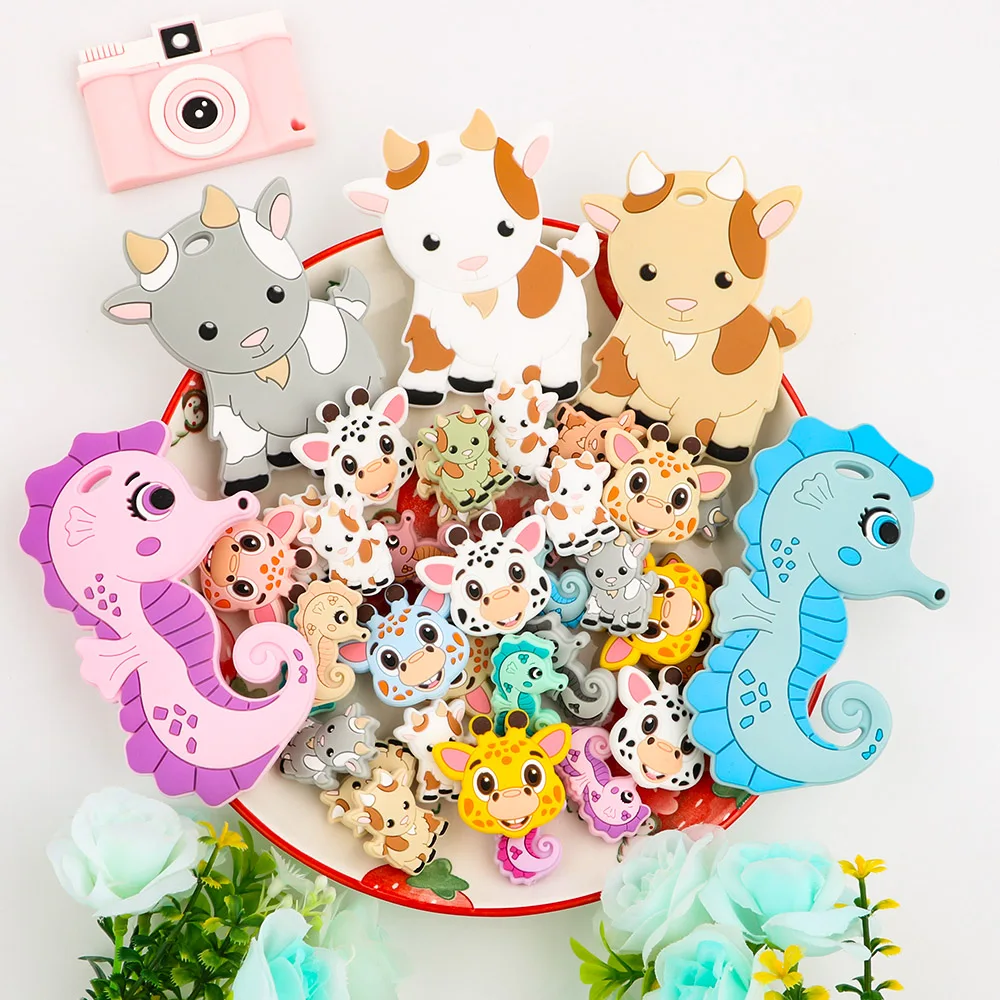 

1-10Pcs New Goat Giraffe Seahorse Silicone Beads For Jewelry Making Animal Baby Silicone Teether DIY Pacifier Chain Accessories