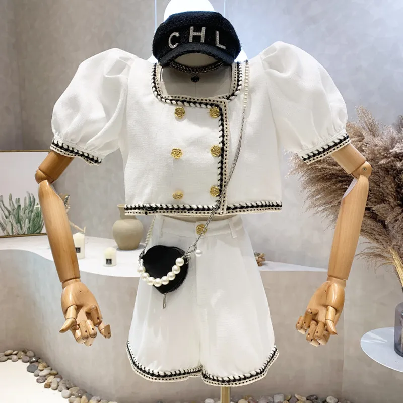

New Women's Clothing 2022 Summer Bubble Short Sleeve Tweed Top High Waist Wide Leg shorts two piece set