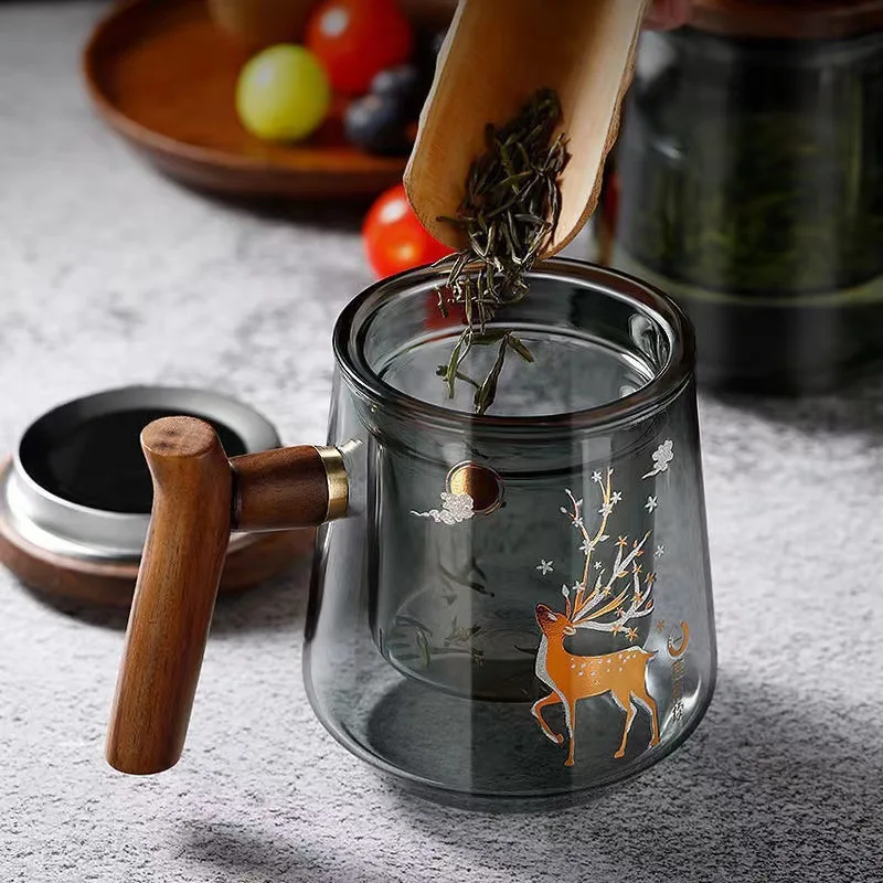 

Teapot Wood with High Borosilicate Three-piece Cup with Lid Flower Tea Cup Household Office Cup