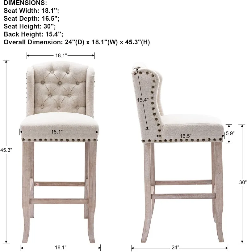 Классическая ворсовая барная стулья размером 30 дюймов с 4 льняными оборками