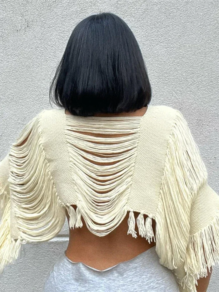 

XIZOU Beige Knitted Crop Tops Women 2023 Irregular Hollow Out Tassel Cover Ups Female Streetwear Short Sleeve Oversized Top