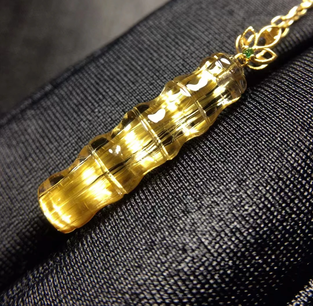 

Natural Gold Rutilated Quartz Bamboo Pendant 18K Gold 21.5*6*5.4mm Rutilated Quartz Bead Jewelry Women Brazil AAAAAAA