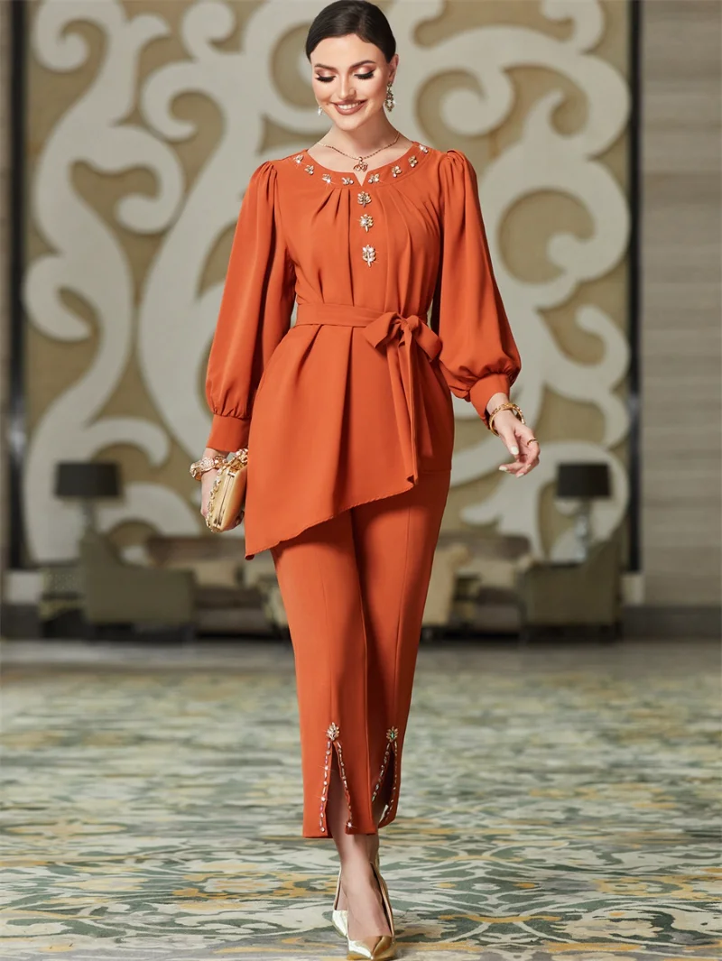 Modest Two Piece Sets Round Neck Fashion Diamonds Mermaid Long Top For Muslim Girls  Women's Trouser And Blouse Sets