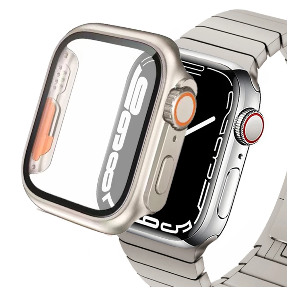 Matte Titanium Color Tempered Glass Protector Mod Case for Apple Watch Series 8 7 SE 6 Change to Ultra 49mm Appearance PC Cover