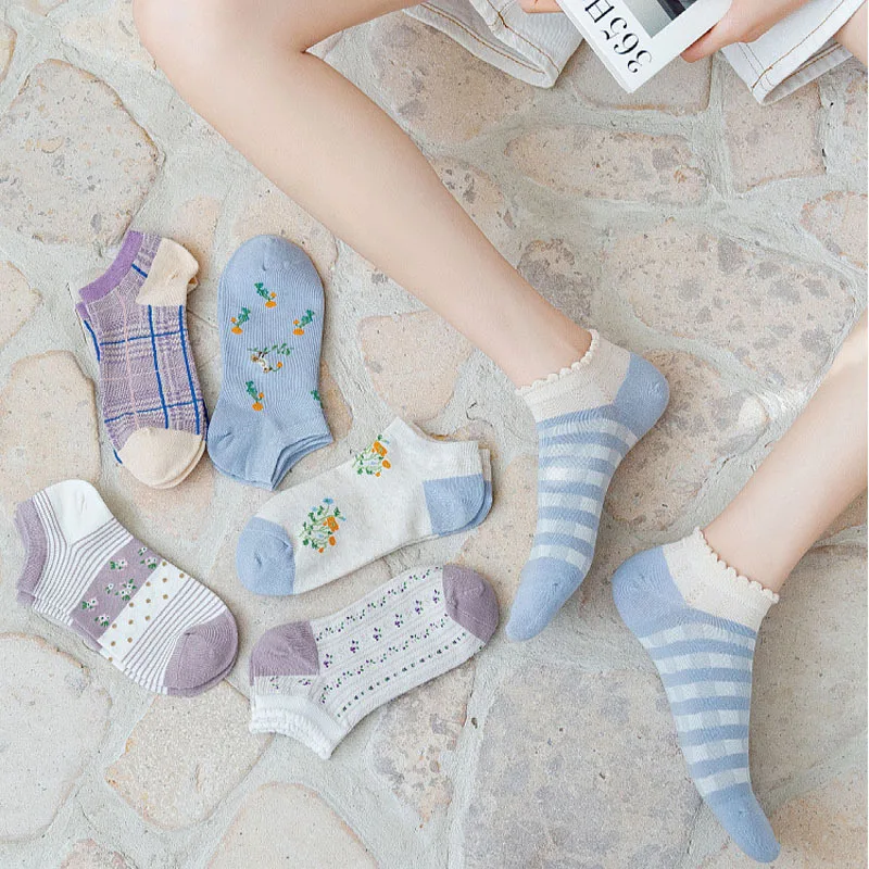 

Cute purple small floral casual boat socks spring summer school sports Harajuku ins plaid striped socks kawaii bottom tube socks