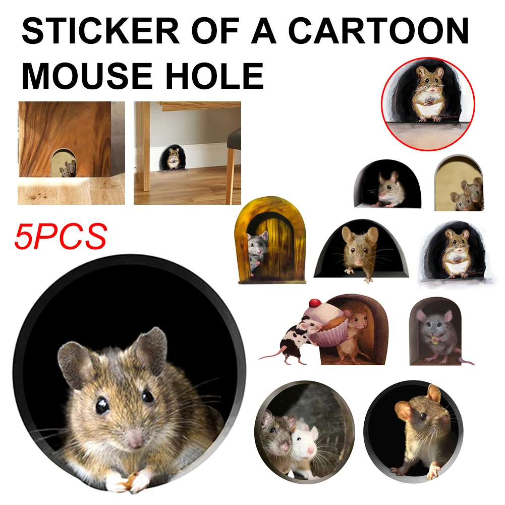 

5Pcs Realistic 3D Mouse Hole Wall Stickers Wall Decal Mural Art Mouse Wall Sticker Kitchen Bedroom Outdoor Decoration Shipping