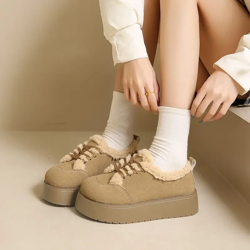 Casual Woman Shoe Loafers With Fur Clogs Platform Round Toe Modis Slip-on New Creepers 2024 Winter Lace-Up Solid Leisure Fashion
