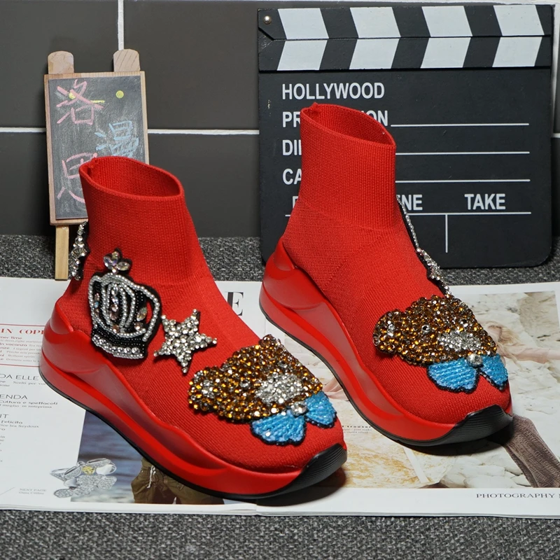 

2022 Women Boots Autumn Winter Boots Slip on Knitted Socks Shoes Ladies Platform Short Boots with Heels Handmade Diamond Bling