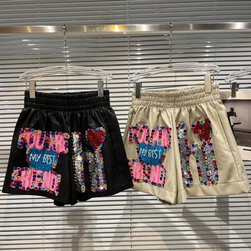 Cakucool New Women Luxury Shorts Black PU Leather Colorful Letters Sequins Beading Shorts spring Sexy Office Chic Shorts Femme