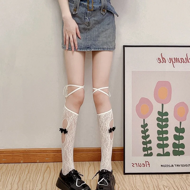 

New Chinese Style Women Socks Sweet Sexy Middle Tuble Hollow Out Lace Bandage Ribbon Bandage Calf Fashion Breathable Lady Sock