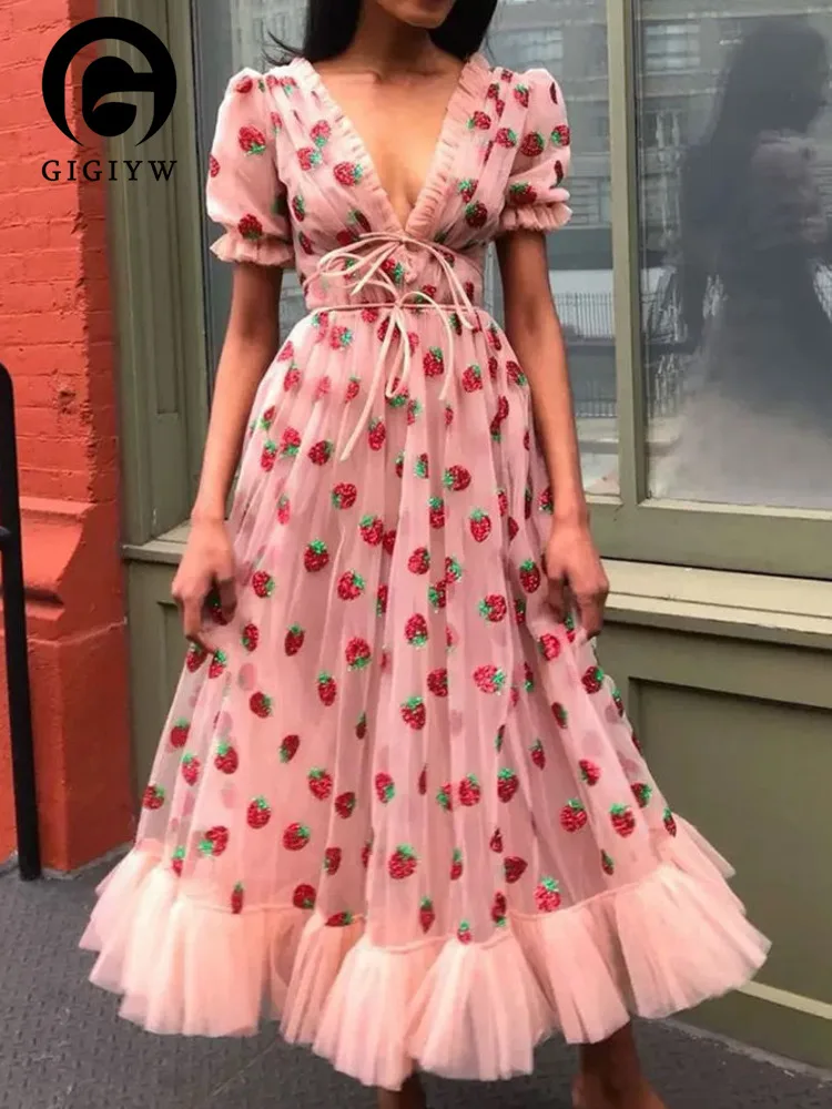 

GIGIYW Bra Strawberry Sequin Embroidery Bubble Sleeve Hip Wrap Fishtail Dressmaxi Women Autumn Dress Elegant 2022 New SK259