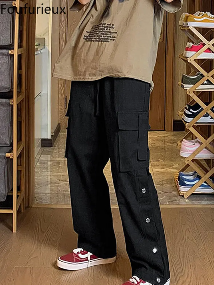 

Foufurieux 2022 New Men Cargo Pants Harajuku Style Straight Casual Pants Men Solid Big Pockets Loose Wide Leg Design Trousers