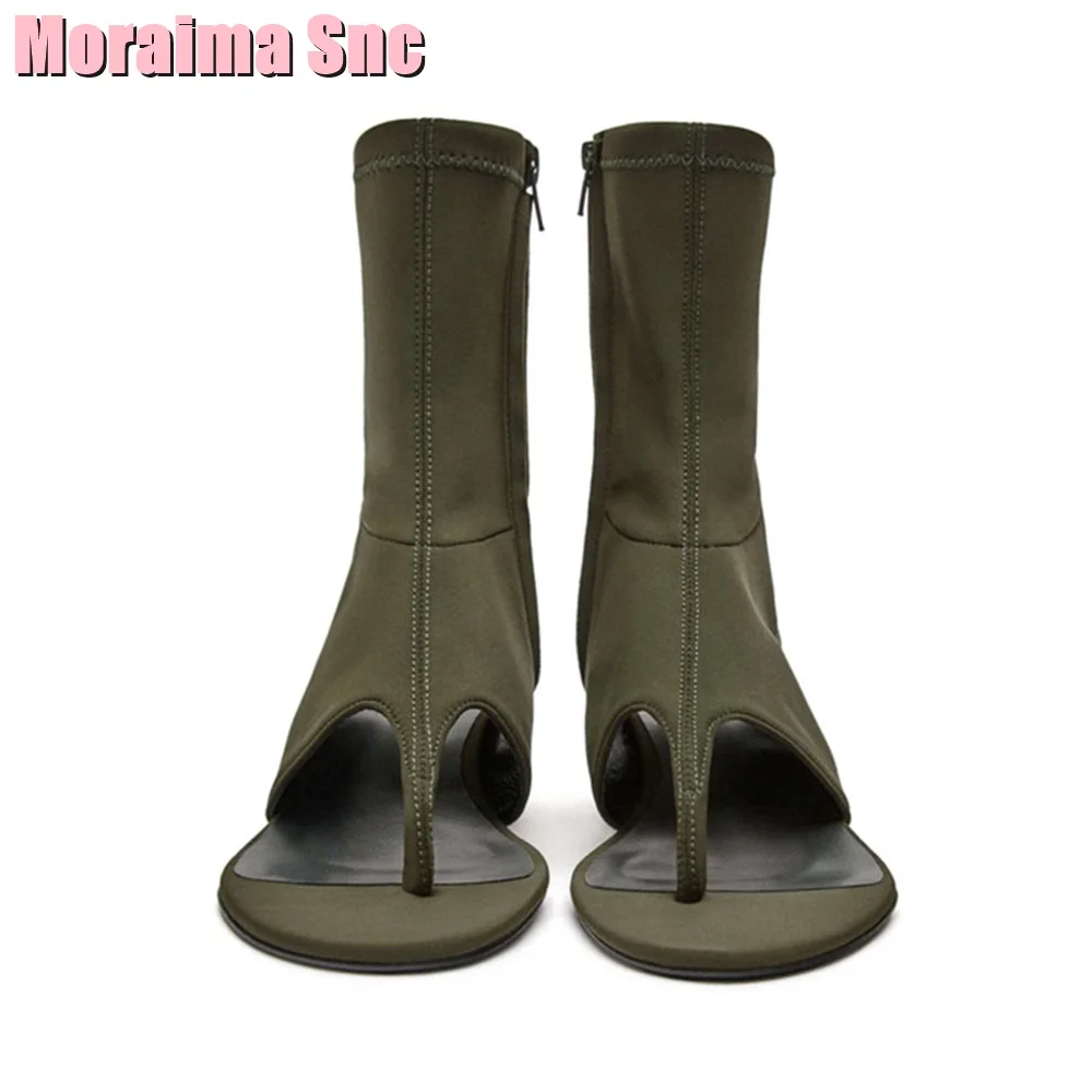 Clip Toe Lycra Slingback Ankle Boots Round Toe Side Zipper Block Mid Heel Army Green Solid Sexy Women Shoes Summer Fashion 2023