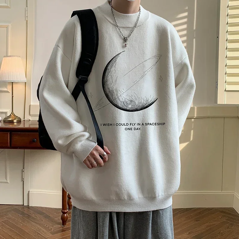 Мужской Свитер оверсайз белый осенний вязаный свитер 5XL Забавный принт Луны