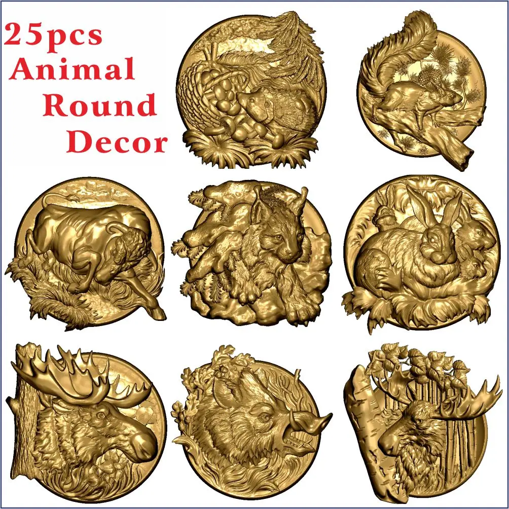 25 pcs animal decor 3D STL Models Hunting Fishing for CNC Router Carving Machine Artcam aspire_Animal round decoration