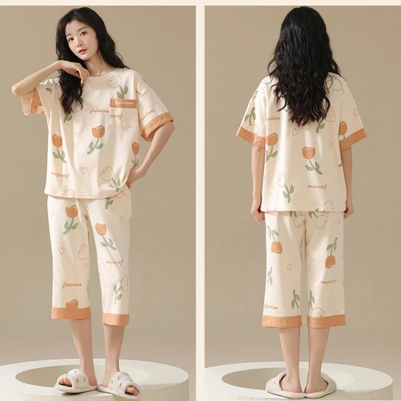 Pajamas for Women's Summer Thin Cotton Cool Short-sleeve Shorts Sleepwear Casual Small Fresh and Sweet Style with Chest Pads