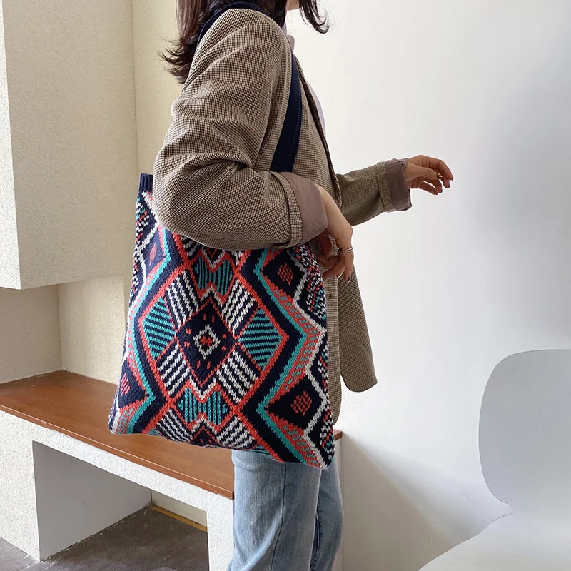 Женская вязаная Цыганская богемная шикарная ацтекская Сумка-тоут в стиле бохо, женская вязаная шерстяная сумка-шоппер с открытой ручкой, Женская Повседневная сумка 2023