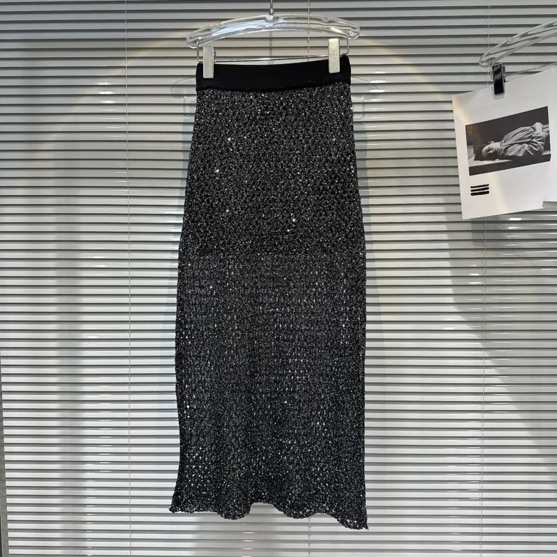 

PREPOMP 2023 Autumn New Collection Sequins Knitting Hook Flower Slim Sexy Black Long Skirt Women GL875
