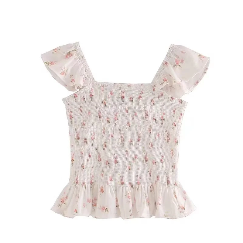 

Новинка лета 2023, женская одежда, сексуальный облегающий топ с цветочным принтом и оборками для малышей