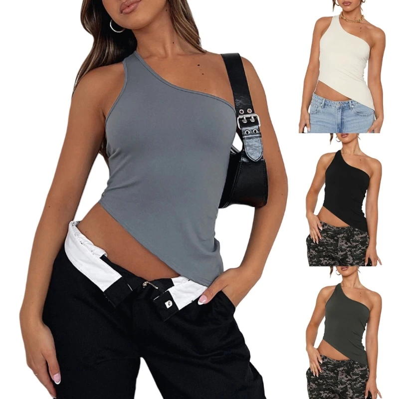 

Solid Color Oblique Collar Tops Sleeveless Navel Casual Vest Tops T-Shirt Female Bodycon One Sholder Off Blouses