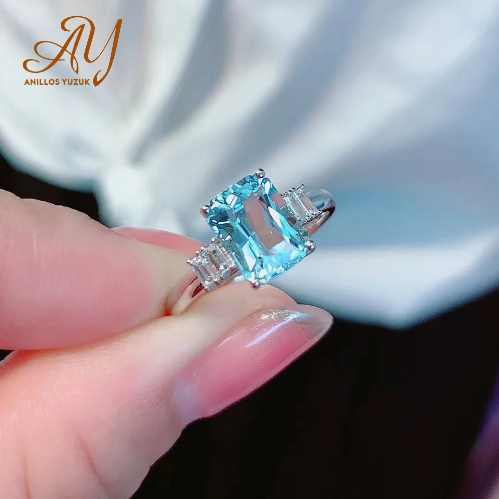 Anillos Yuzuk Rectangle Cut Clear Sea Blue Topaz Gemstone Adjustable Opening Wedding Ring For Women Party Alluring Jewelry Gift