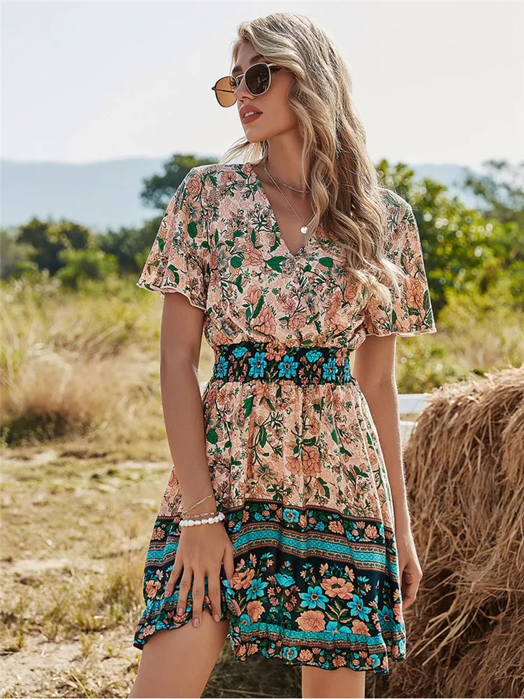 

2022 Spring New Bohemia Floral Dress Women Casual V Neck High Waist Short Sleeve Print Fashion Summer Dress summer dress