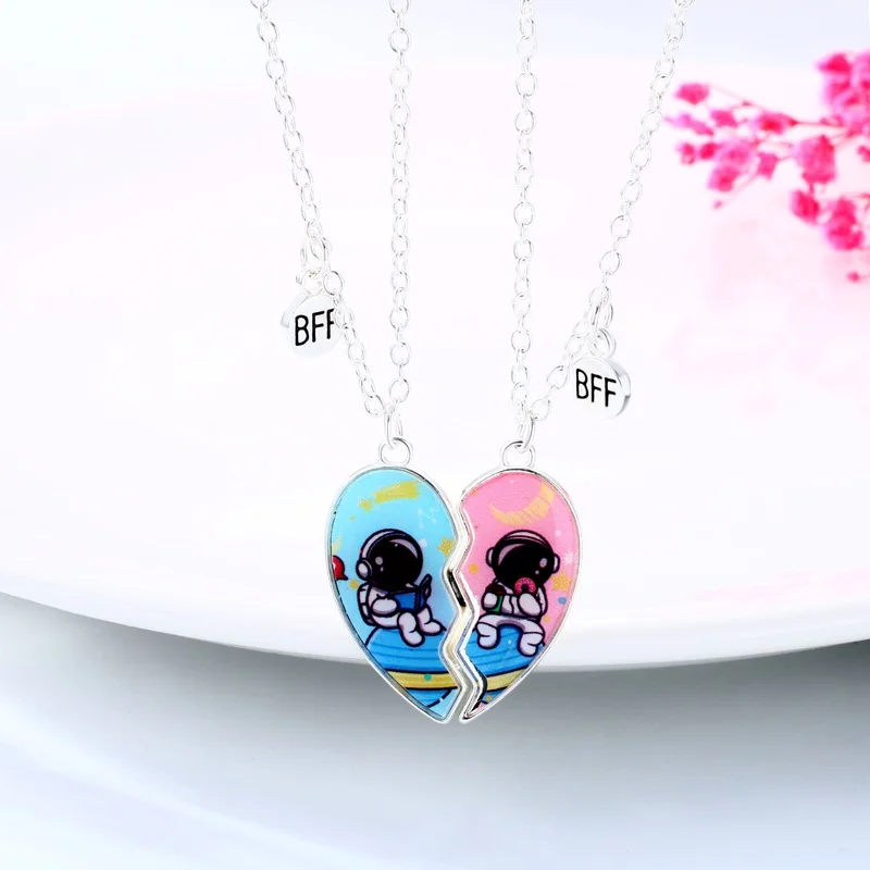 

Cartoon Heart Shape Star astronaut Pendant Chain Best Friends Necklace BFF Friendship Children's Jewelry Gift for Girls 2PCS/Set
