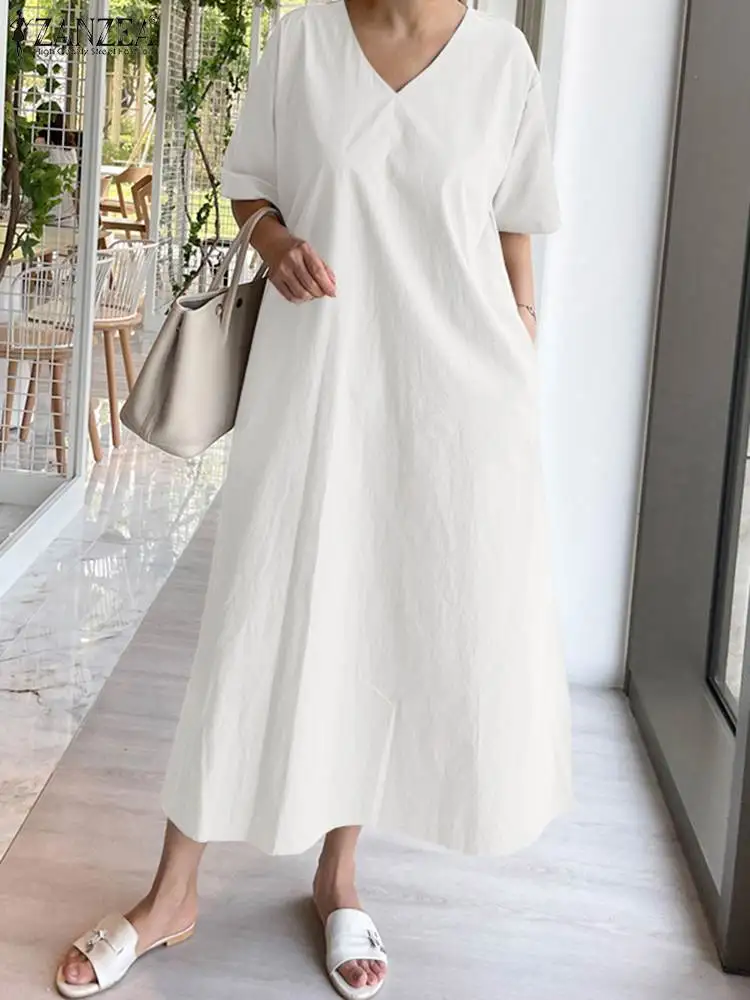 

Summer Elegant Women Holiday Sundress Casual Leisure Loose Midi Dress ZANZEA Short Sleeve V-neck Vestidos Oversized Robe Femme 7
