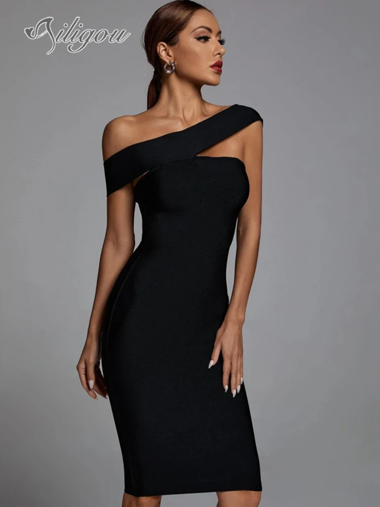 

Ailigou 2023 New Women's Fashion Black Sexy Sleeveless One Shoulder Midi Bandage Dress Celebrity Party Club Dress Vestidos