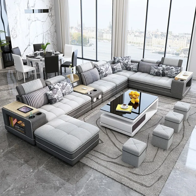 

fabric living room Sofa bed sets big U shape corner cloth couch Nordic modern speaker sound system bluetooth muebles de sala ca
