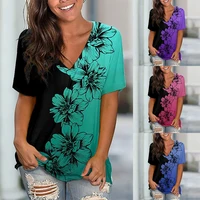 2022 women flower theme 3d printed painting t shirt summer fashion floral 3d print v neck basic tops loose plus size shirt