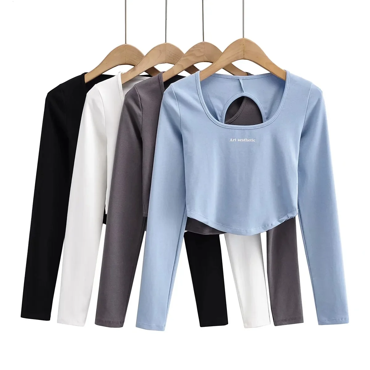 

Hottie T-shirt Womes Long Sleeve Crop Top Spring Girls Tops Cotton Backless Arc Ins U Neck Sexy Hole Solid My Body My Choice