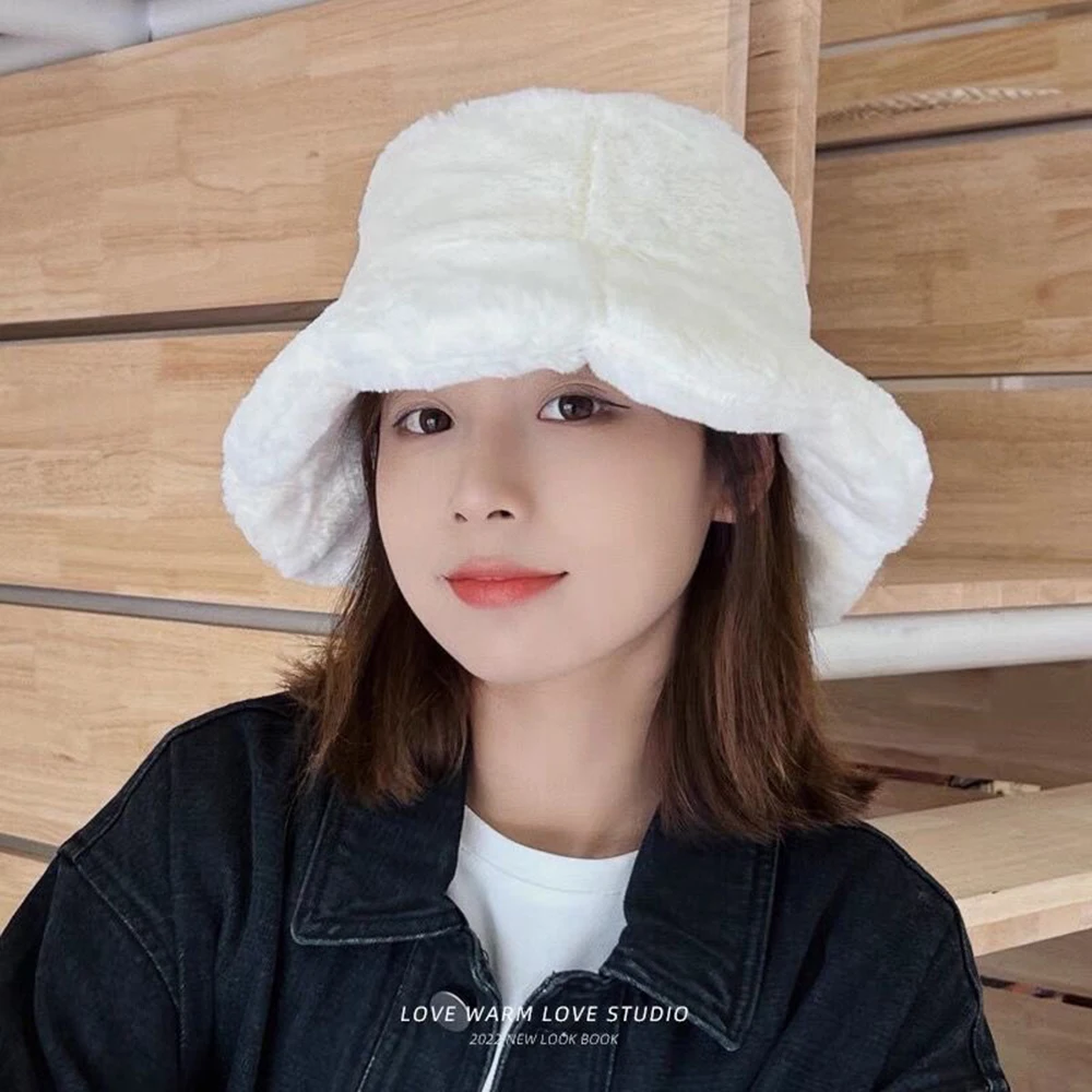 

Panama Caps Winter Thick Villus Bucket Hat Plush Faux Fur Fisherman Hat Women Soft Warm Thick Basin Hats Protection Street Cap