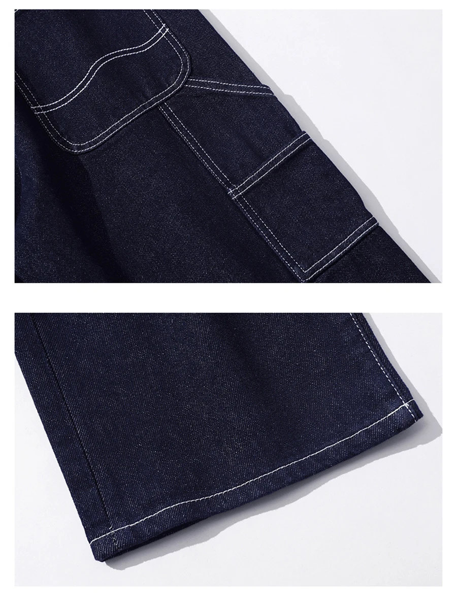 Four Seasons American Primary Color Dark Blue Jeans Men's Trendy American High Street Straight Pants Y2K Men Jeans Streetwear